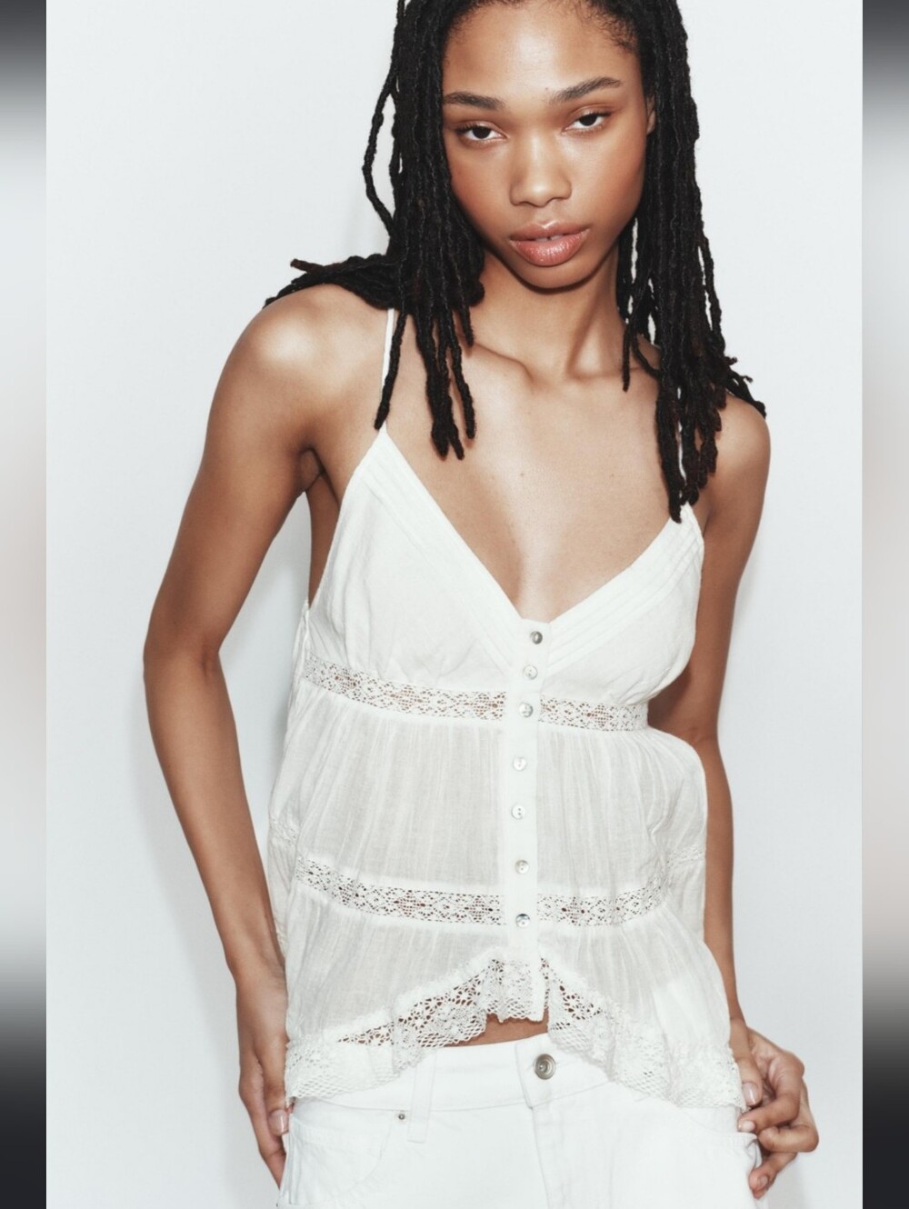 Zara White Lace-Trim Button Front Camisole